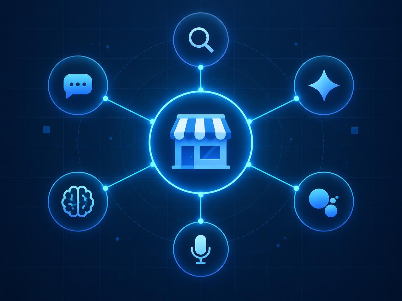 Abstract illustration of a local business connected to traditional search and AI-assisted discovery